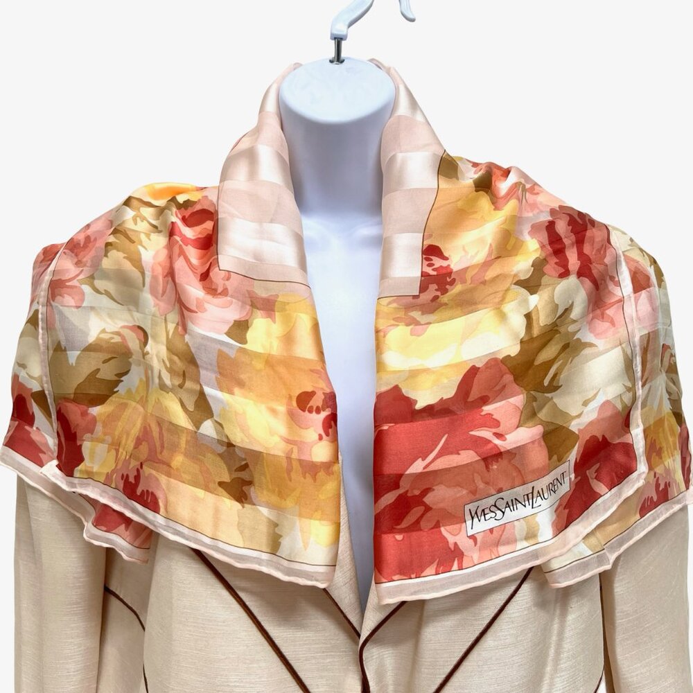 Yves Saint Laurent Scarf Chiffon/Satin Lg 34" 100% Silk light pink Floral (31 - Picture 6 of 13